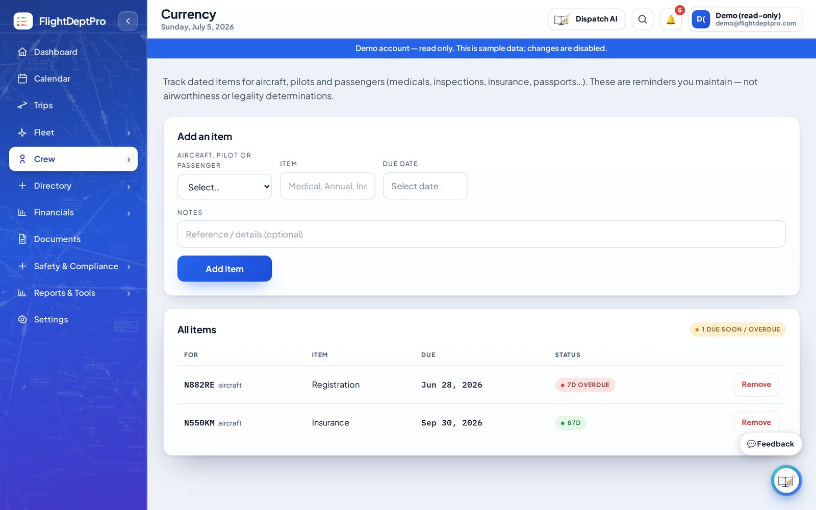 Crew currency and medical tracking