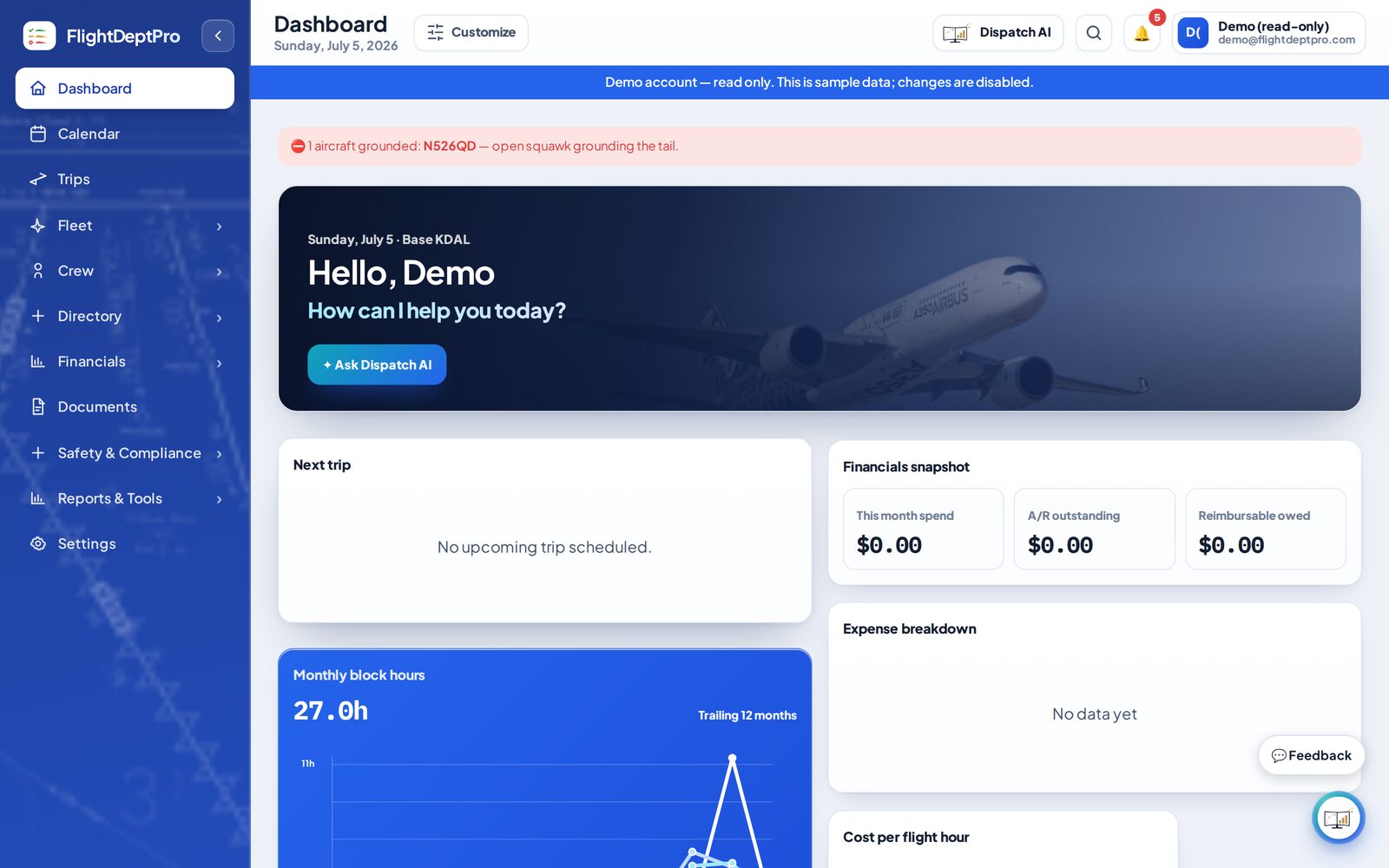 FlightDeptPro dashboard showing fleet status, trips, maintenance, costs, and action items