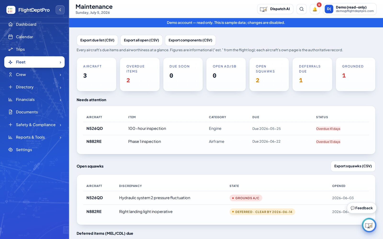 Maintenance and squawk tracking