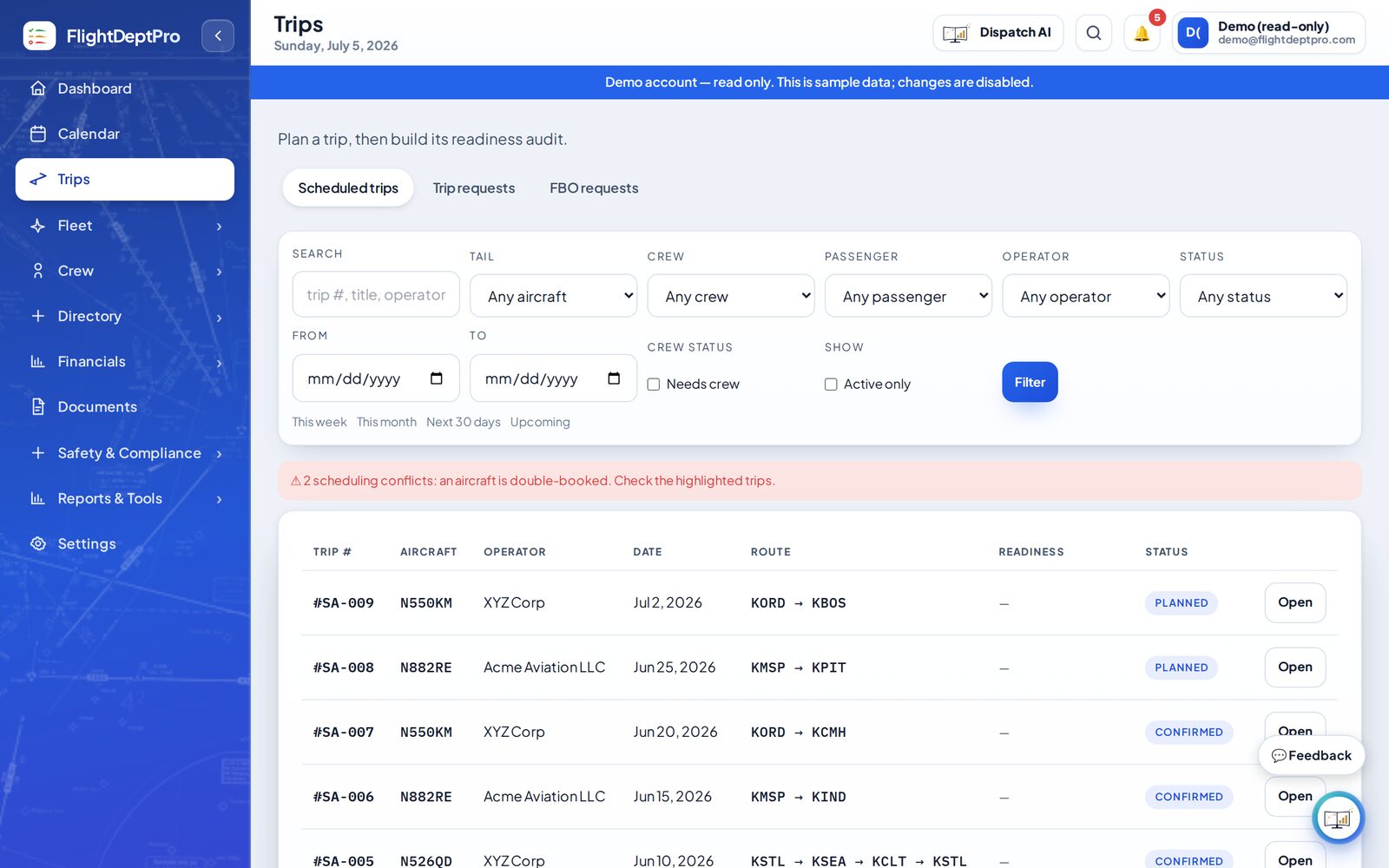FlightDeptPro trips list and dispatch status